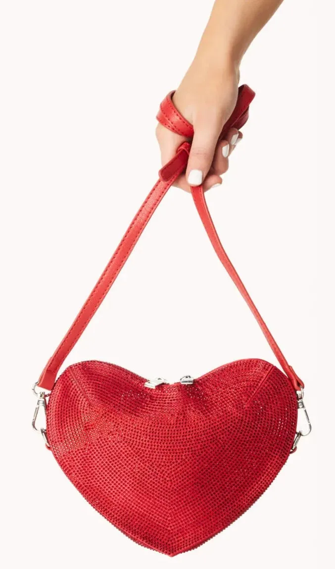 BEJEWELLED HEART SHAPED RED CROSS BODY BAG