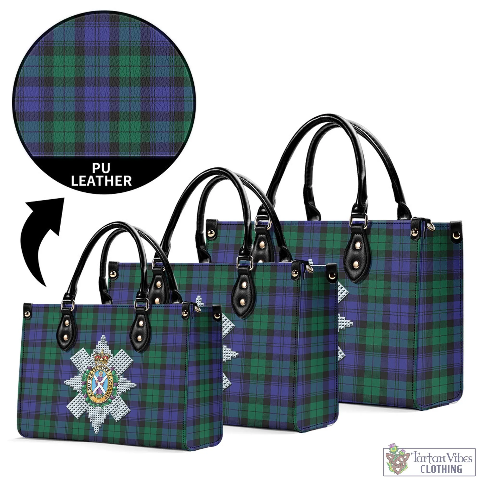 Black Watch Modern Tartan Luxury Leather Handbags with Family Crest