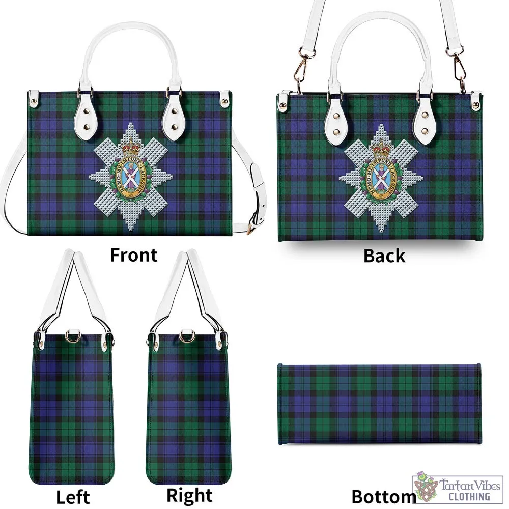 Black Watch Modern Tartan Luxury Leather Handbags with Family Crest