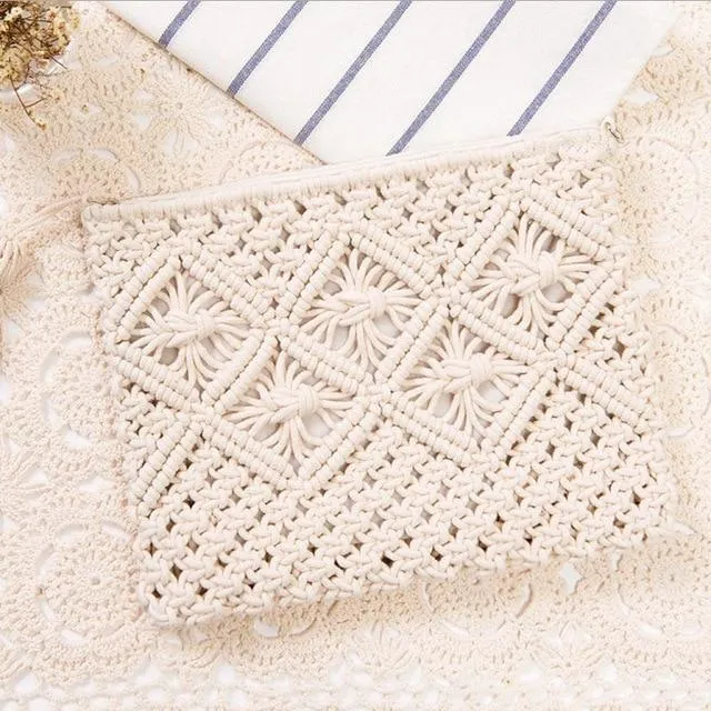 Bohemian Woven Tassel Hollow Out Beach Bag Women Crochet Fringed Straw Clutch Handmade Day Clutches Knitting Weave Boho Summer