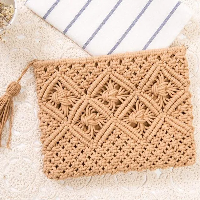 Bohemian Woven Tassel Hollow Out Beach Bag Women Crochet Fringed Straw Clutch Handmade Day Clutches Knitting Weave Boho Summer