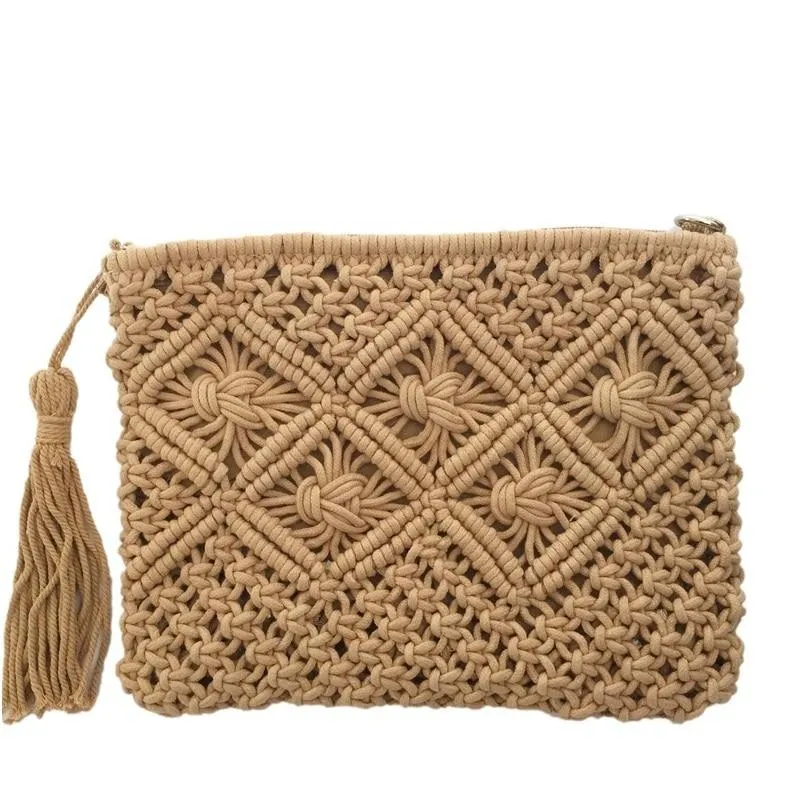 Bohemian Woven Tassel Hollow Out Beach Bag Women Crochet Fringed Straw Clutch Handmade Day Clutches Knitting Weave Boho Summer