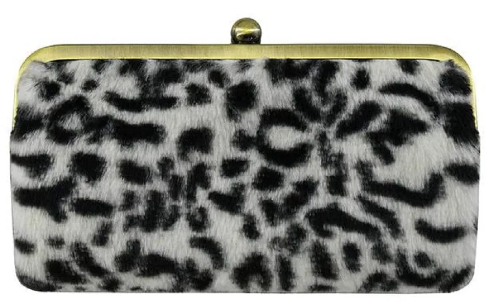 BP208LF Leopard Faux Fur Kiss Lock Clutch