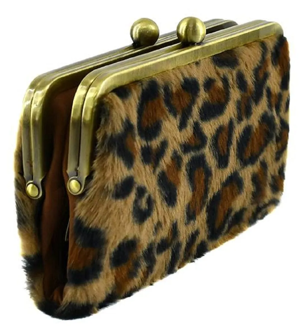 BP208LF Leopard Faux Fur Kiss Lock Clutch