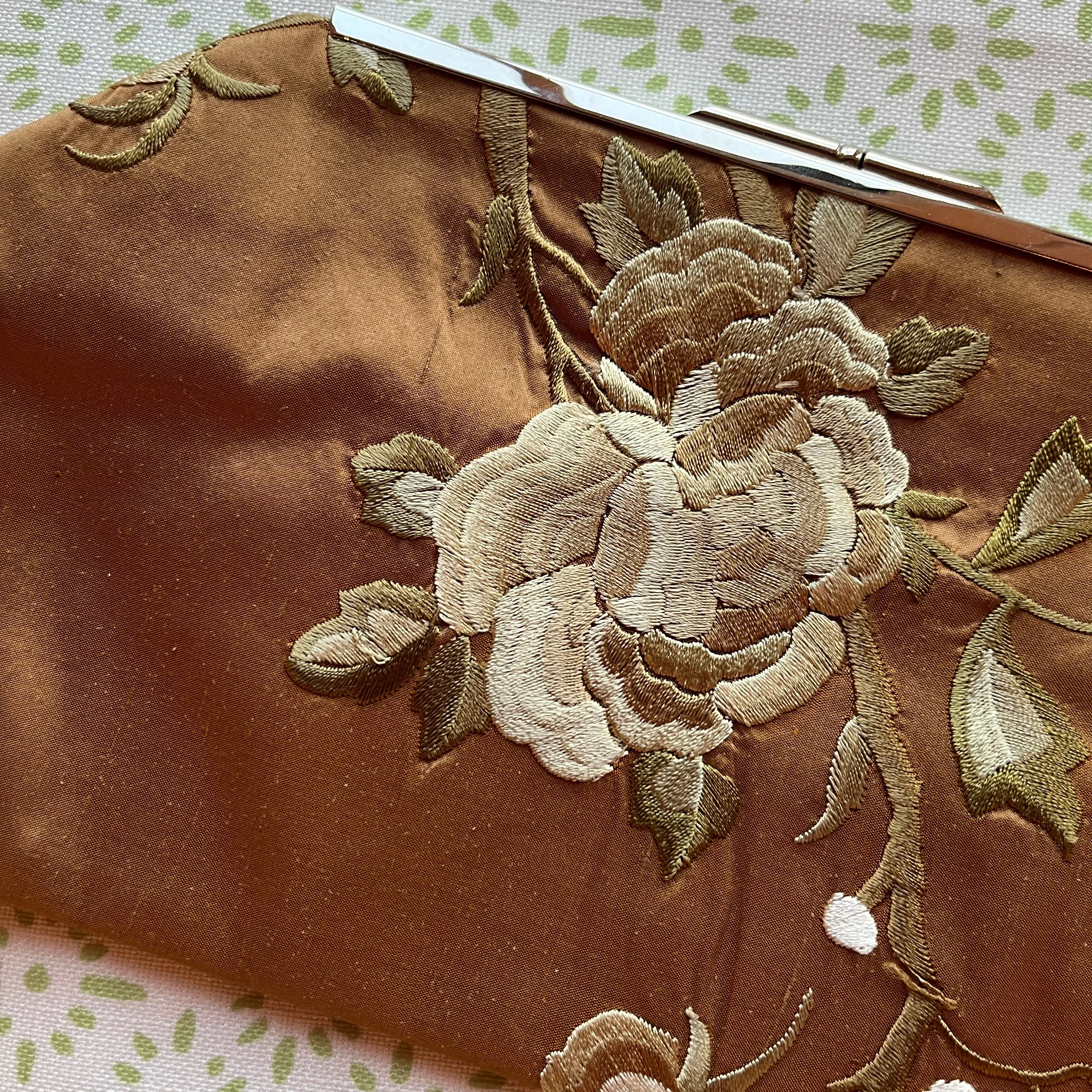 Brown Vintage Floral Silk Clutch