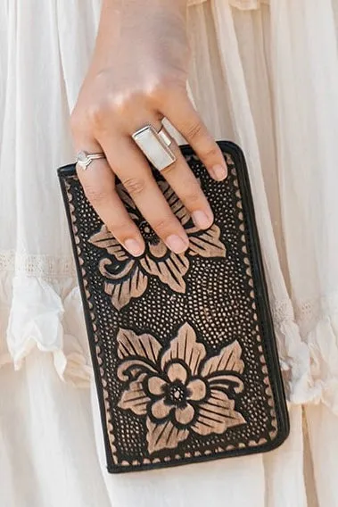 HAND TOOLED FLOWER FLAT WALLET VINTAGE BLACK