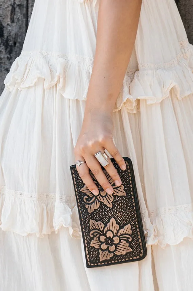 HAND TOOLED FLOWER FLAT WALLET VINTAGE BLACK