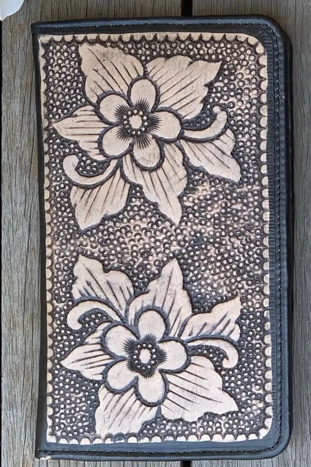 HAND TOOLED FLOWER FLAT WALLET VINTAGE BLACK