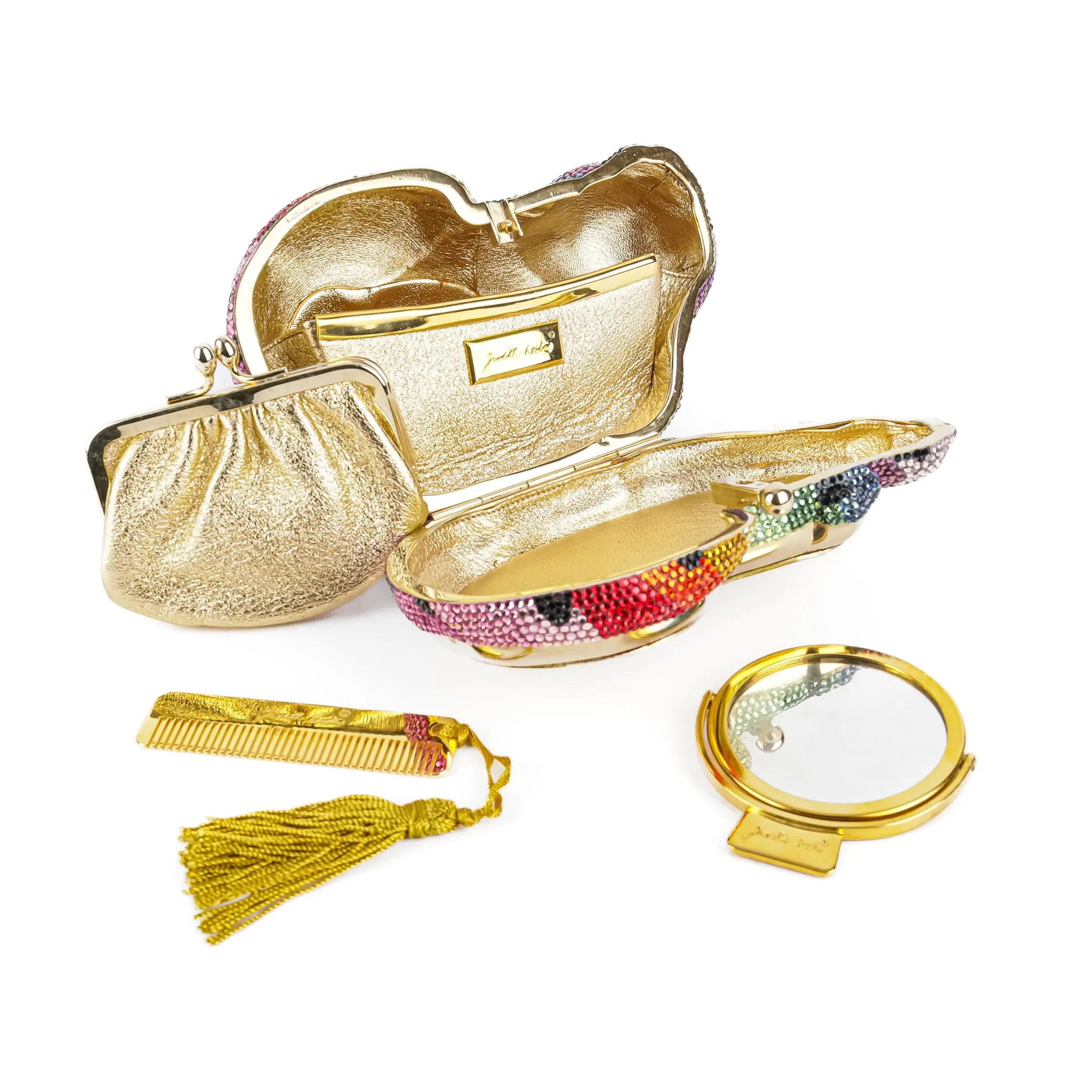 Colorful Rainbow Crystal-Encrusted Sleeping Cat Minaudiere by JUDITH LEIBER