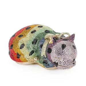 Colorful Rainbow Crystal-Encrusted Sleeping Cat Minaudiere by JUDITH LEIBER