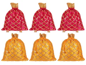 Kuber Industries Potli Bags Handbags for Women Gifting Wristlets for Wedding, Festival, Kitty Subh Shagun-Pack of 6 (Pink & Yellow)