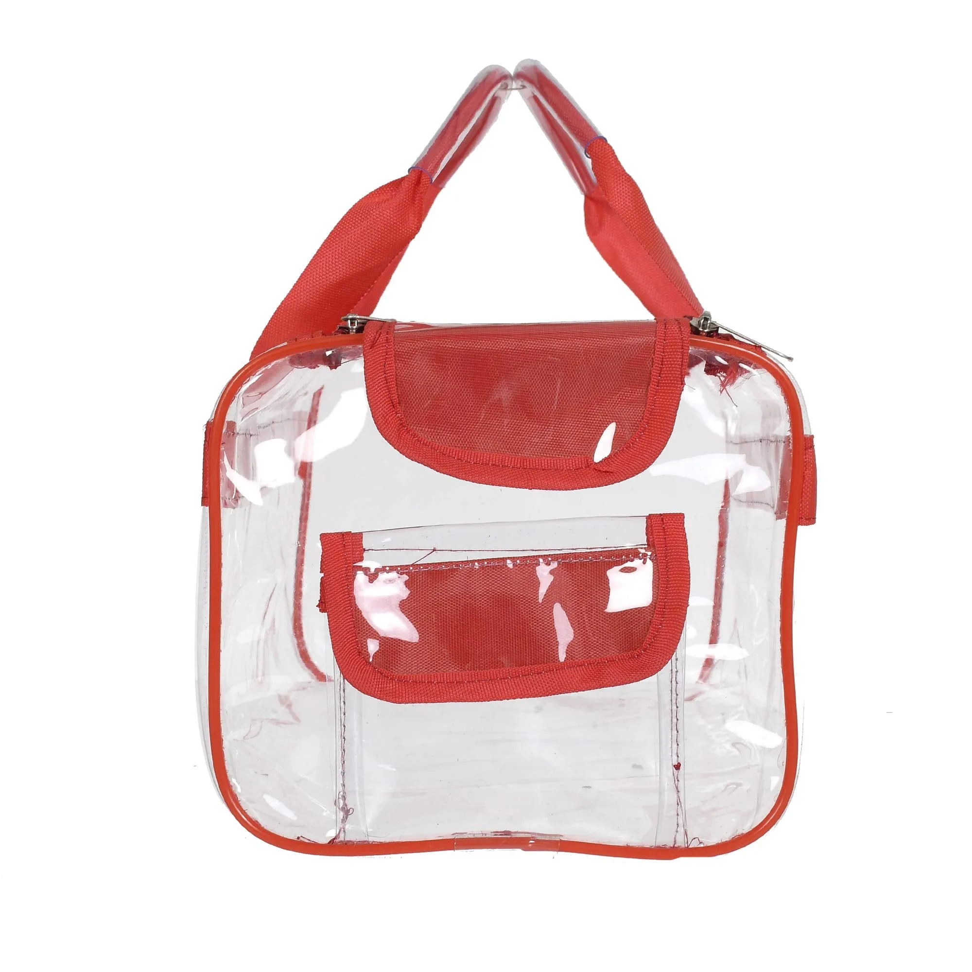 Kuber Industries Transparent Cosmetic Bag, Shoes Bag,Travel Toiletry Bag, with Sturdy Zipper and External Pocket-Set of 2 (Large & Small) (Red)