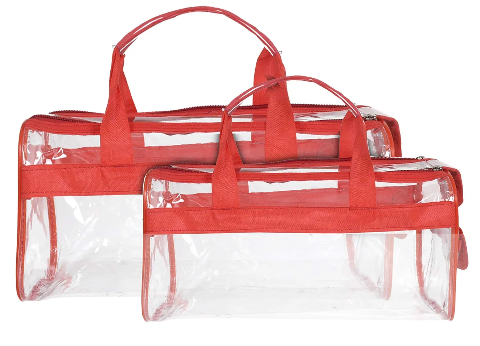 Kuber Industries Transparent Cosmetic Bag, Shoes Bag,Travel Toiletry Bag, with Sturdy Zipper and External Pocket-Set of 2 (Large & Small) (Red)