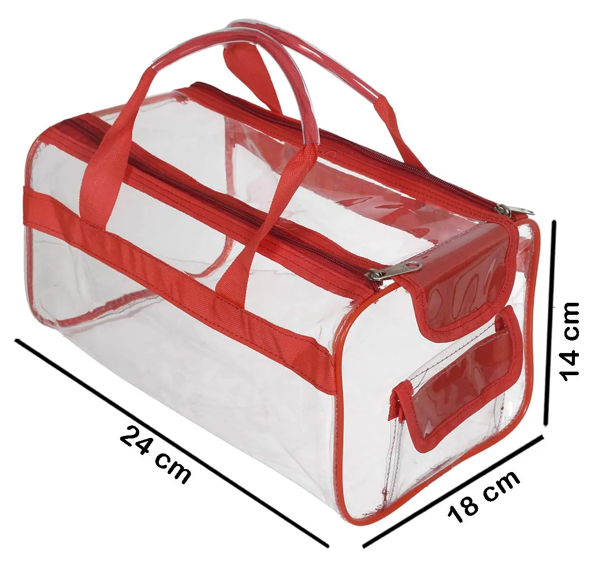 Kuber Industries Transparent Cosmetic Bag, Shoes Bag,Travel Toiletry Bag, with Sturdy Zipper and External Pocket-Set of 2 (Large & Small) (Red)