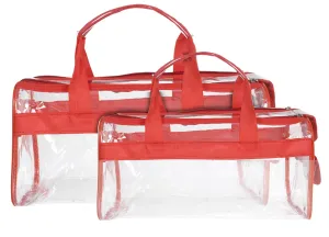 Kuber Industries Transparent Cosmetic Bag, Shoes Bag,Travel Toiletry Bag, with Sturdy Zipper and External Pocket-Set of 2 (Large & Small) (Red)