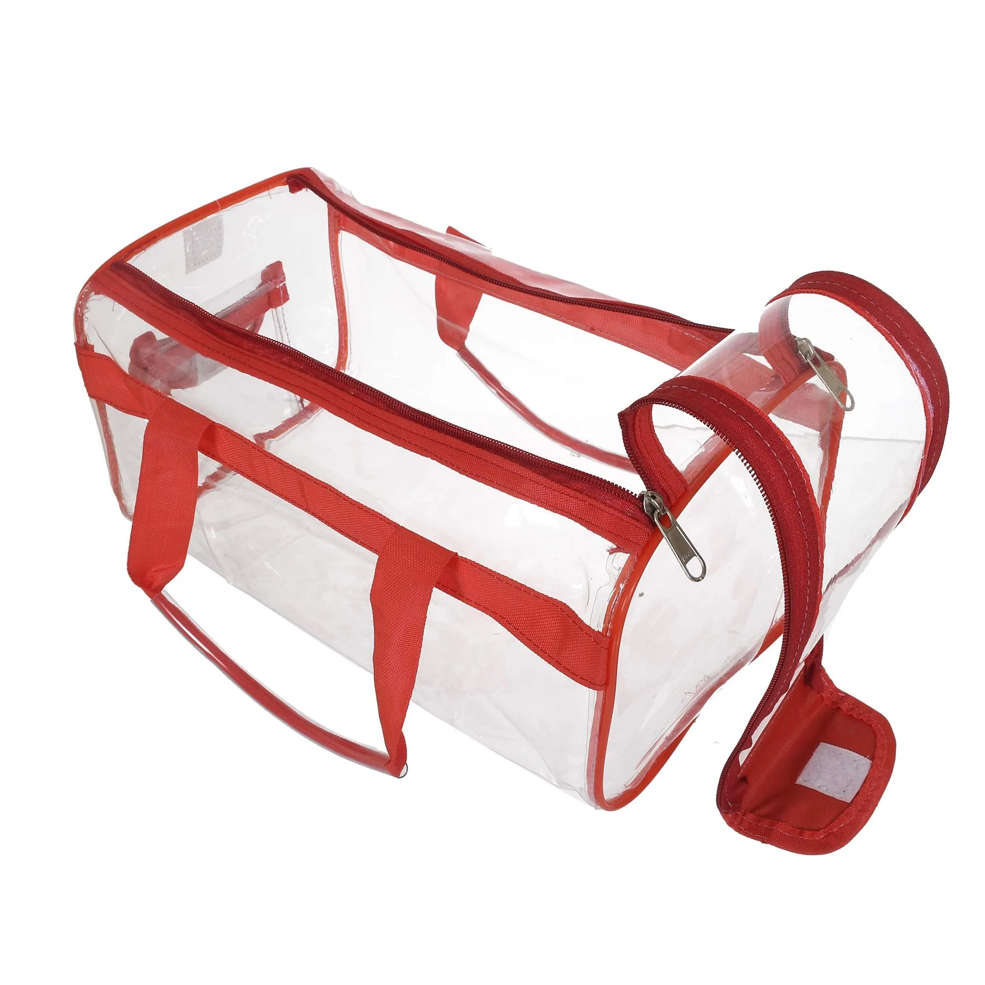 Kuber Industries Transparent Cosmetic Bag, Shoes Bag,Travel Toiletry Bag, with Sturdy Zipper and External Pocket-Set of 2 (Large & Small) (Red)