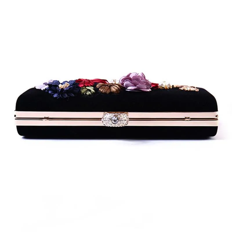 Luxy Moon Black Evening Clutch Bags Handmade Embroidery Flower