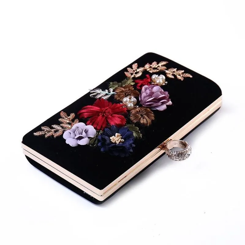 Luxy Moon Black Evening Clutch Bags Handmade Embroidery Flower