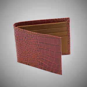 Oxblood Crocodile Embossed Calf Leather Wallet With Tan Suede Interior