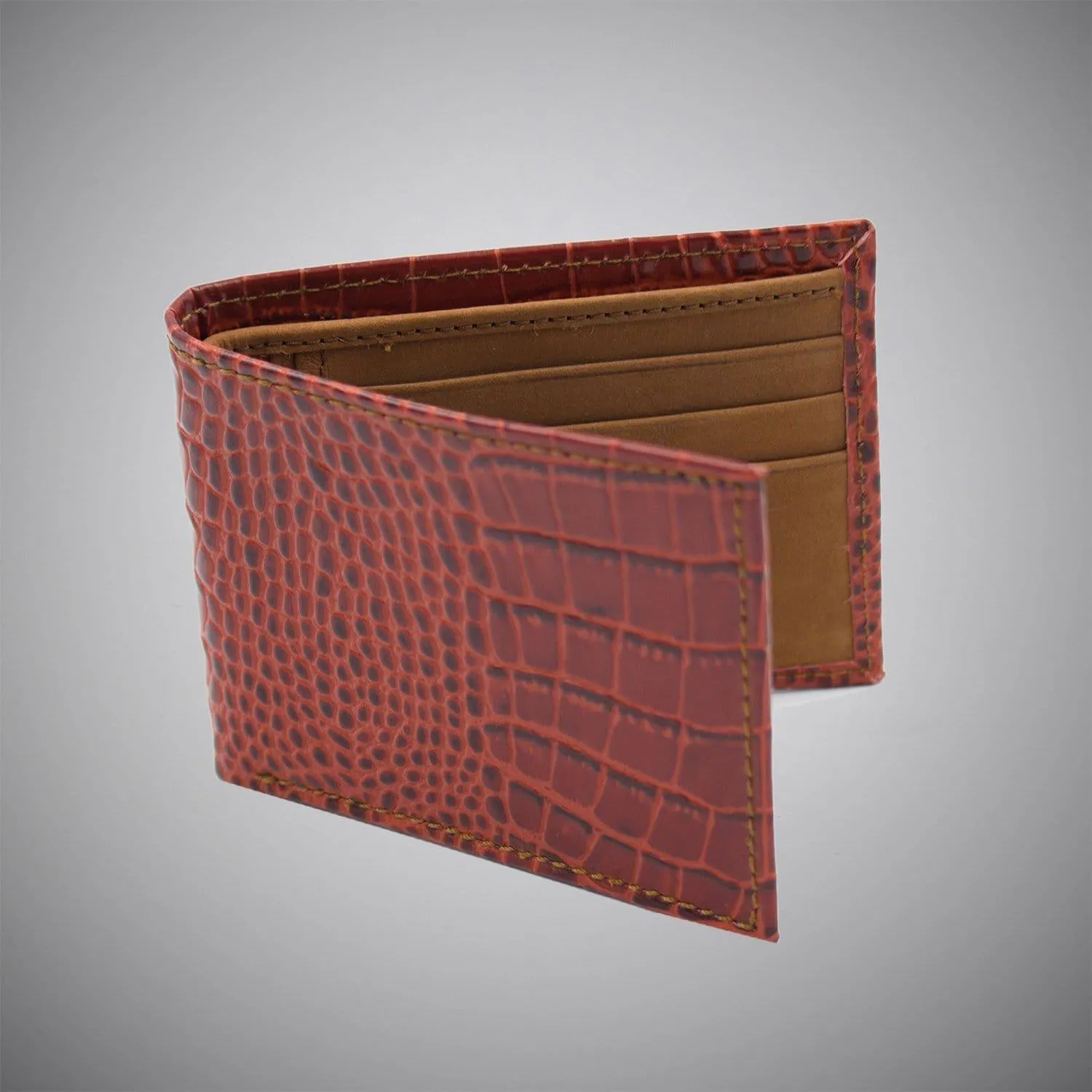 Oxblood Crocodile Embossed Calf Leather Wallet With Tan Suede Interior