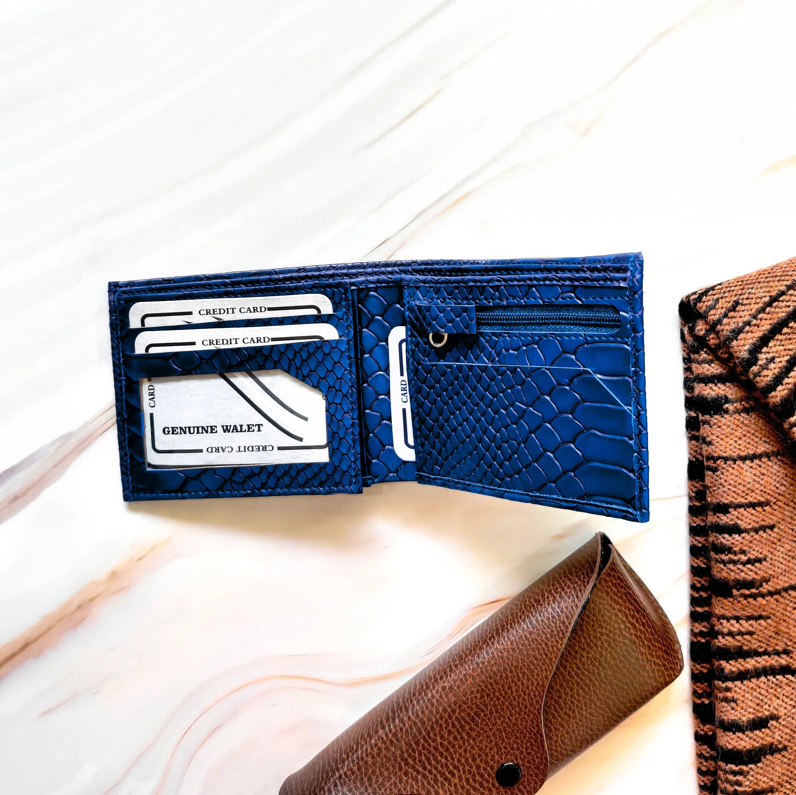 Personalized Men’s Textured Blue Wallet with Free Charm