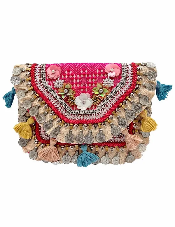 Pink Embroidered Clutch with Coins