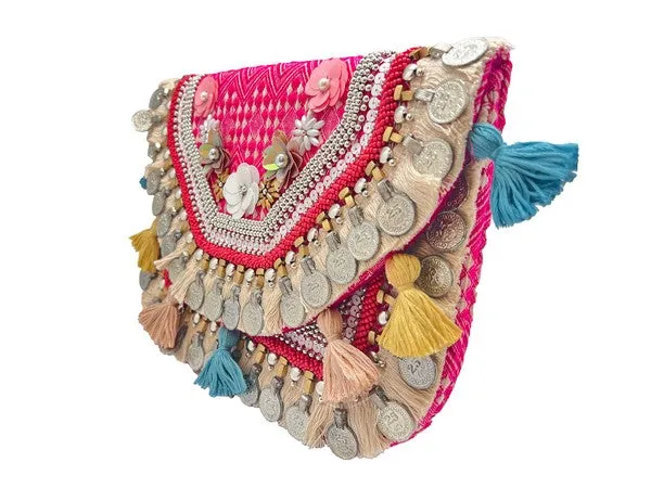 Pink Embroidered Clutch with Coins