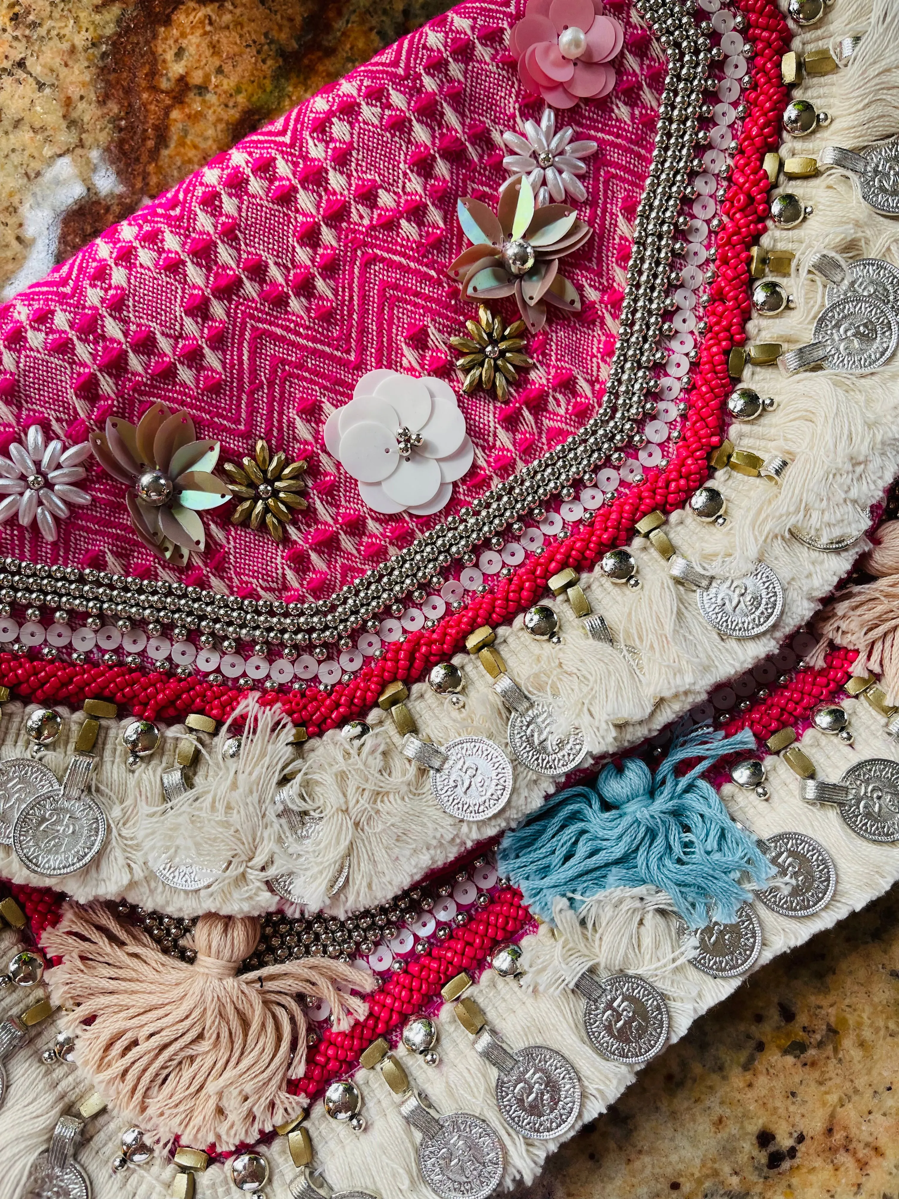 Pink Embroidered Clutch with Coins