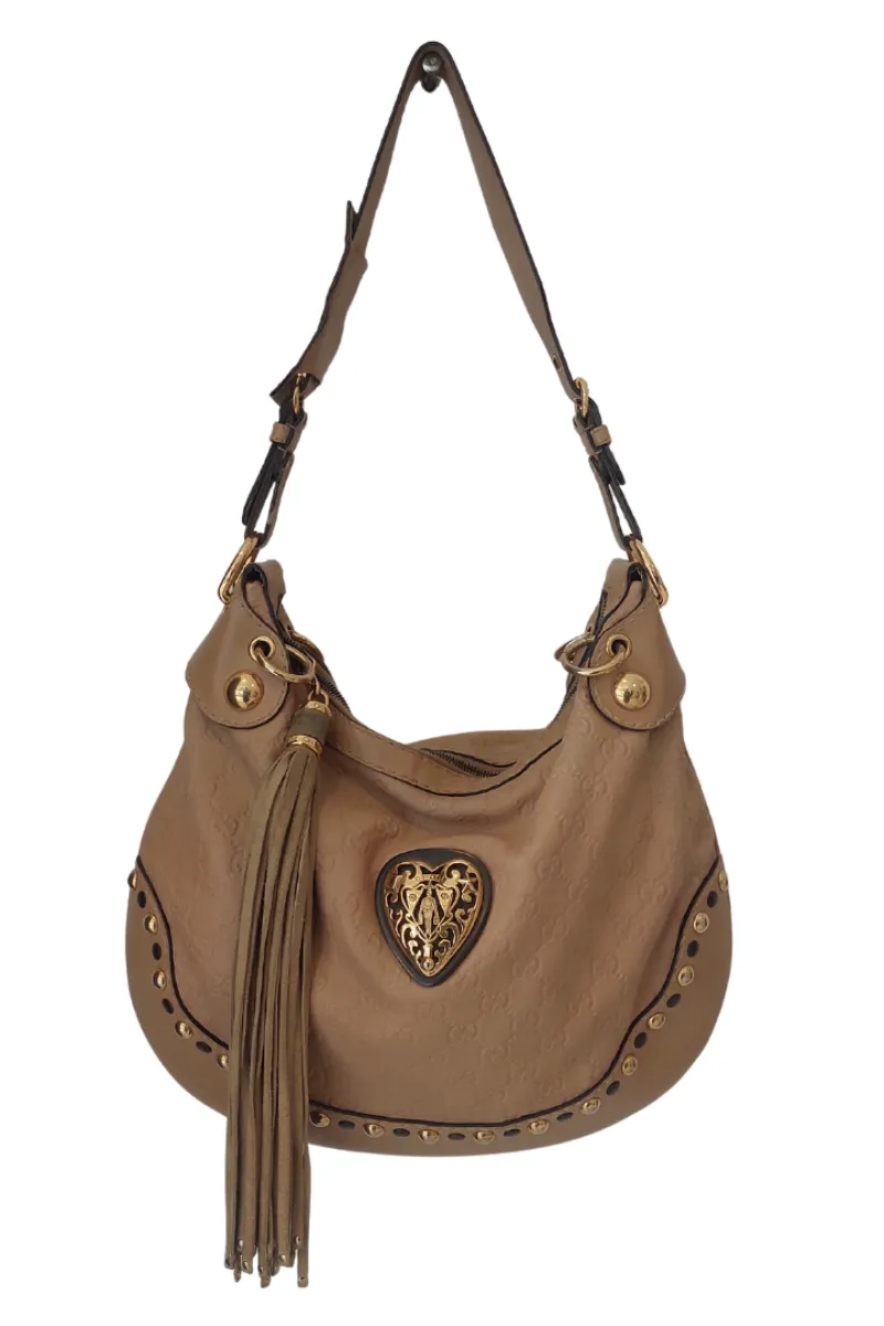 Pre-Loved Treasures - Gucci Camel Leather Babouska Heart Studded Hobo Bag