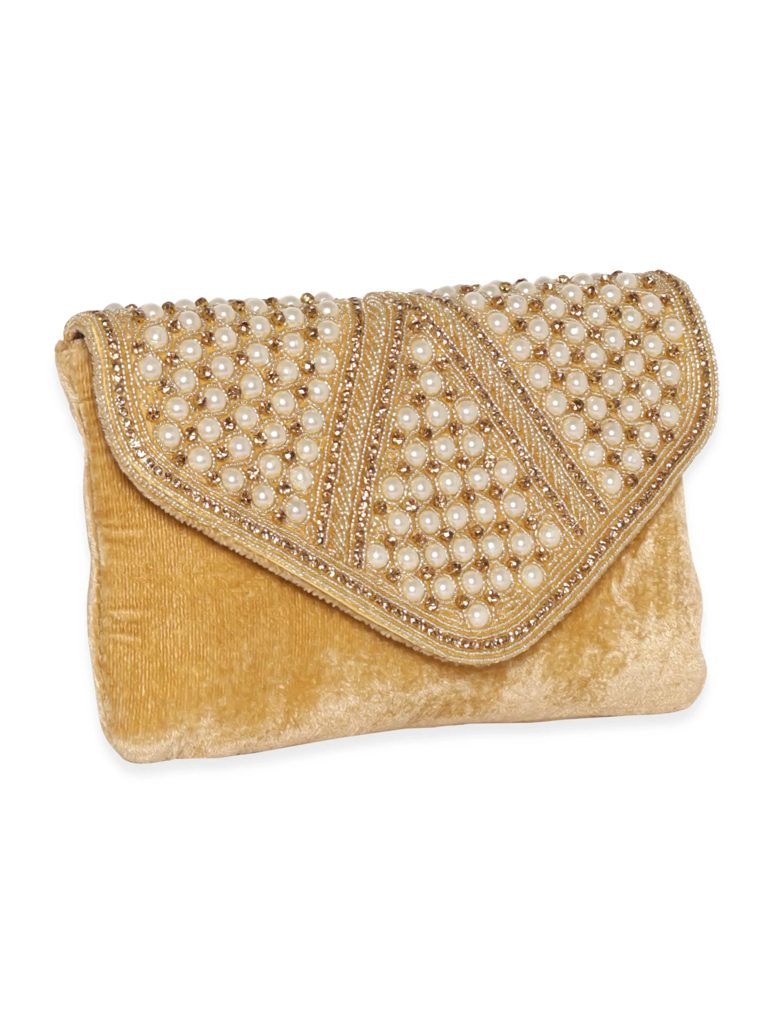 Rubans Beige Clutch with Stone and Pearl Embellishment