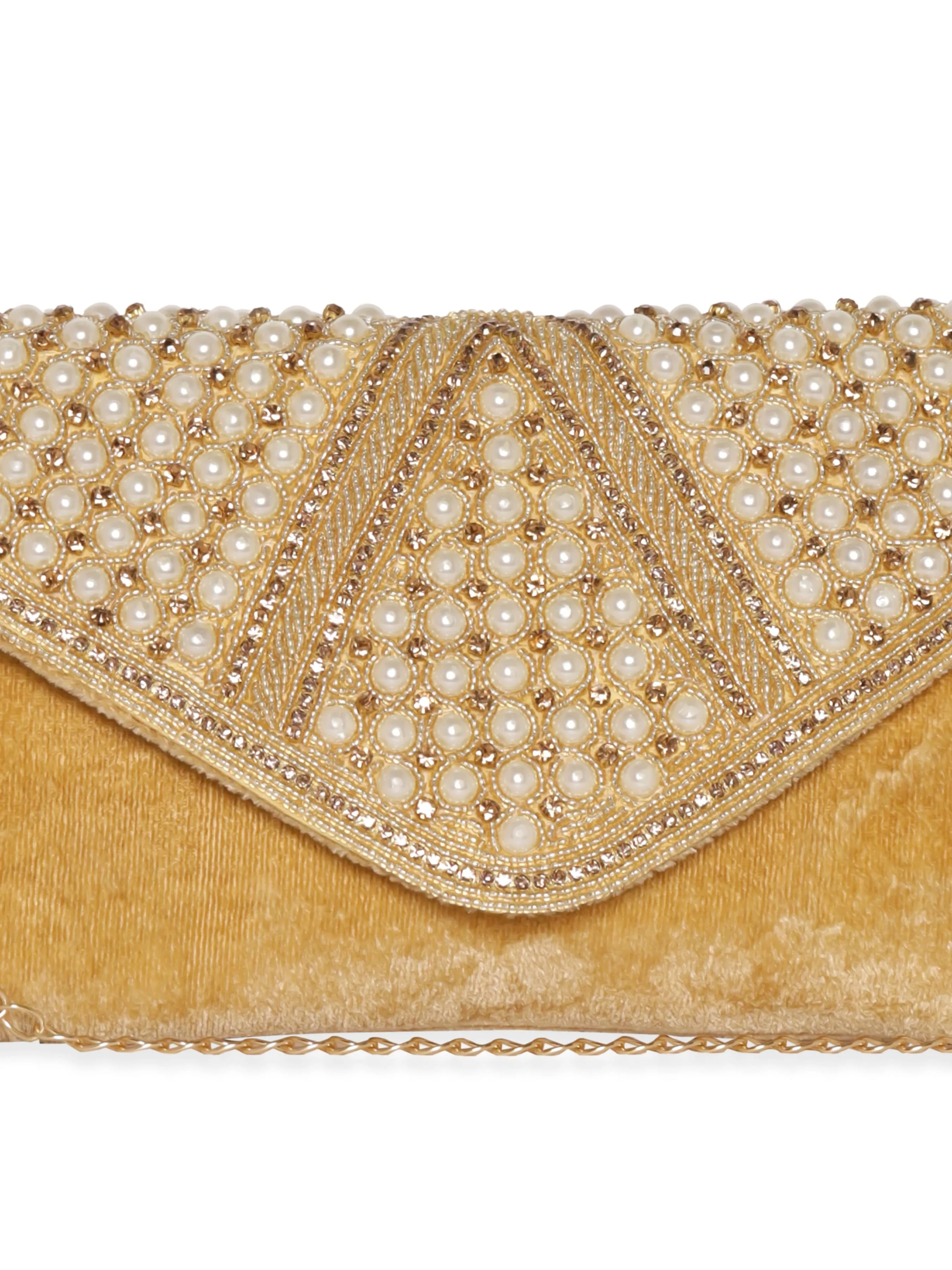 Rubans Beige Clutch with Stone and Pearl Embellishment