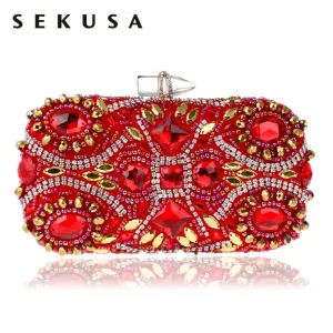 SEKUSA Embroidery Red Evening Bags Chain Shoulder Beading Clutch Lip Metal Rhinestones Lady Purse For Wedding Party Dinner