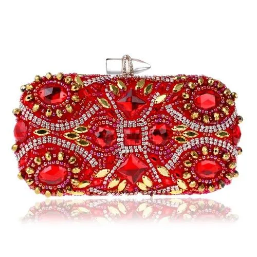 SEKUSA Embroidery Red Evening Bags Chain Shoulder Beading Clutch Lip Metal Rhinestones Lady Purse For Wedding Party Dinner