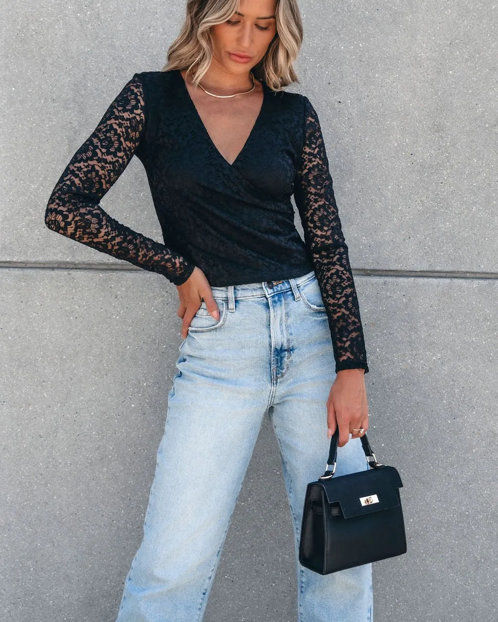 Sheer Sleeve Lace Top - Black - DOORBUSTER