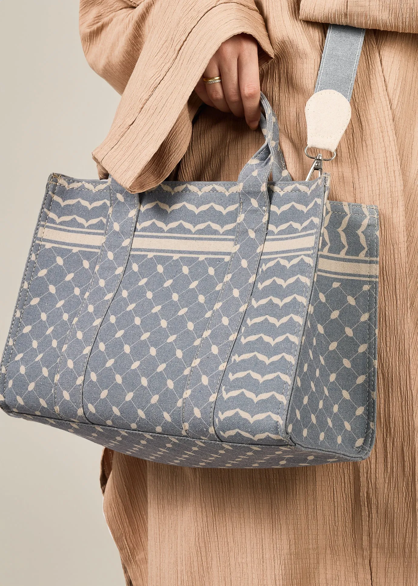 Slate Blue and Cream Keffiyeh Pattern Medium Tote - Durable Cotton Canvas