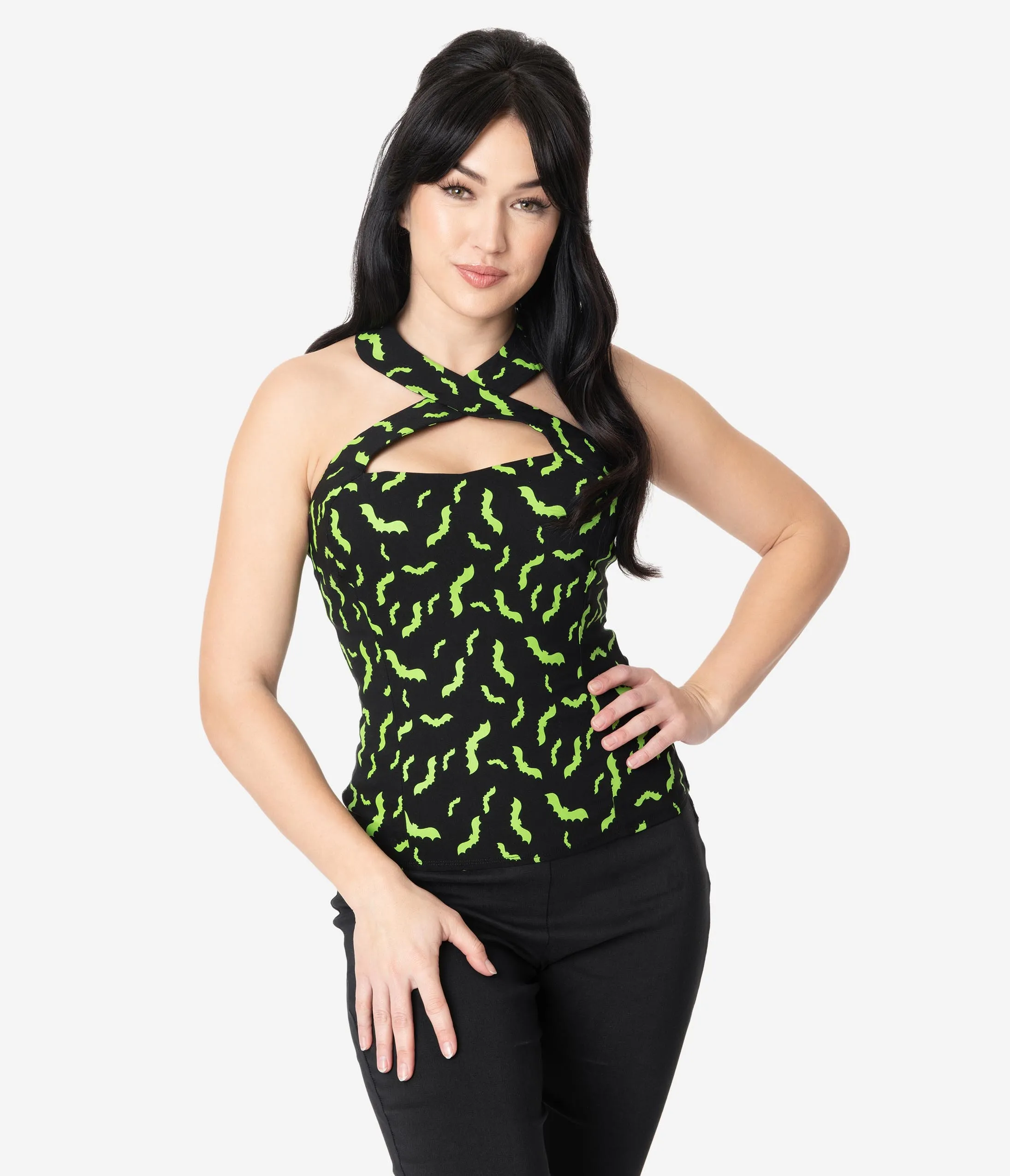 Unique Vintage Black & Neon Green Bats Rita Halter Top