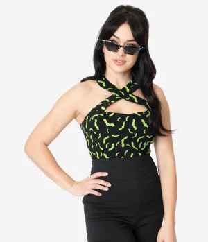 Unique Vintage Black & Neon Green Bats Rita Halter Top