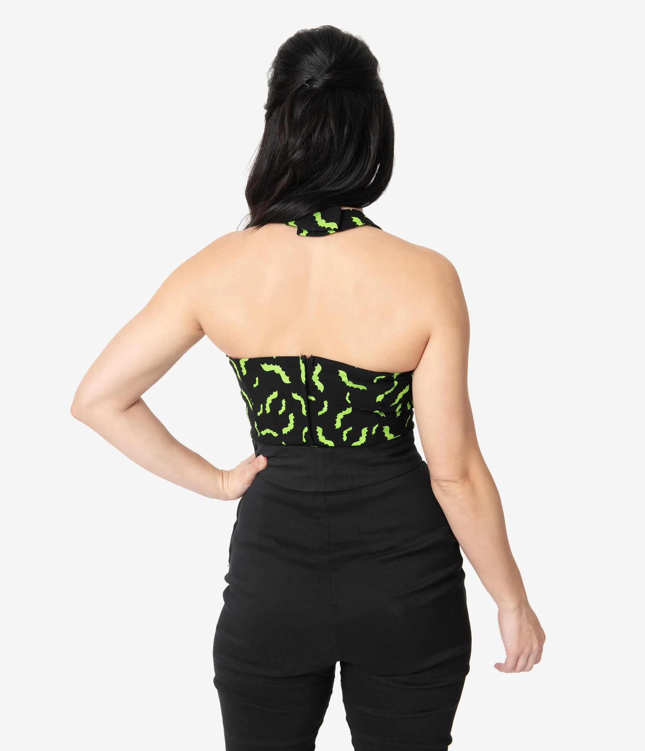 Unique Vintage Black & Neon Green Bats Rita Halter Top