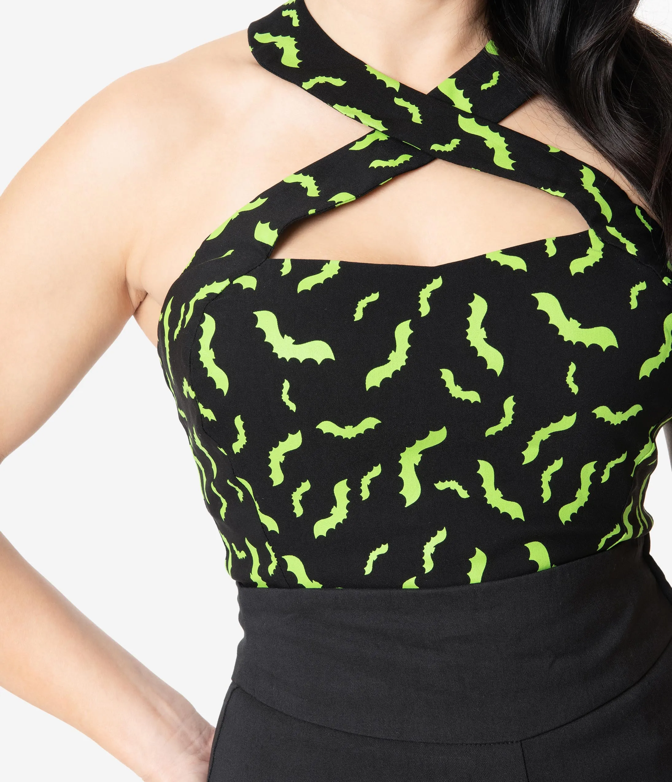 Unique Vintage Black & Neon Green Bats Rita Halter Top