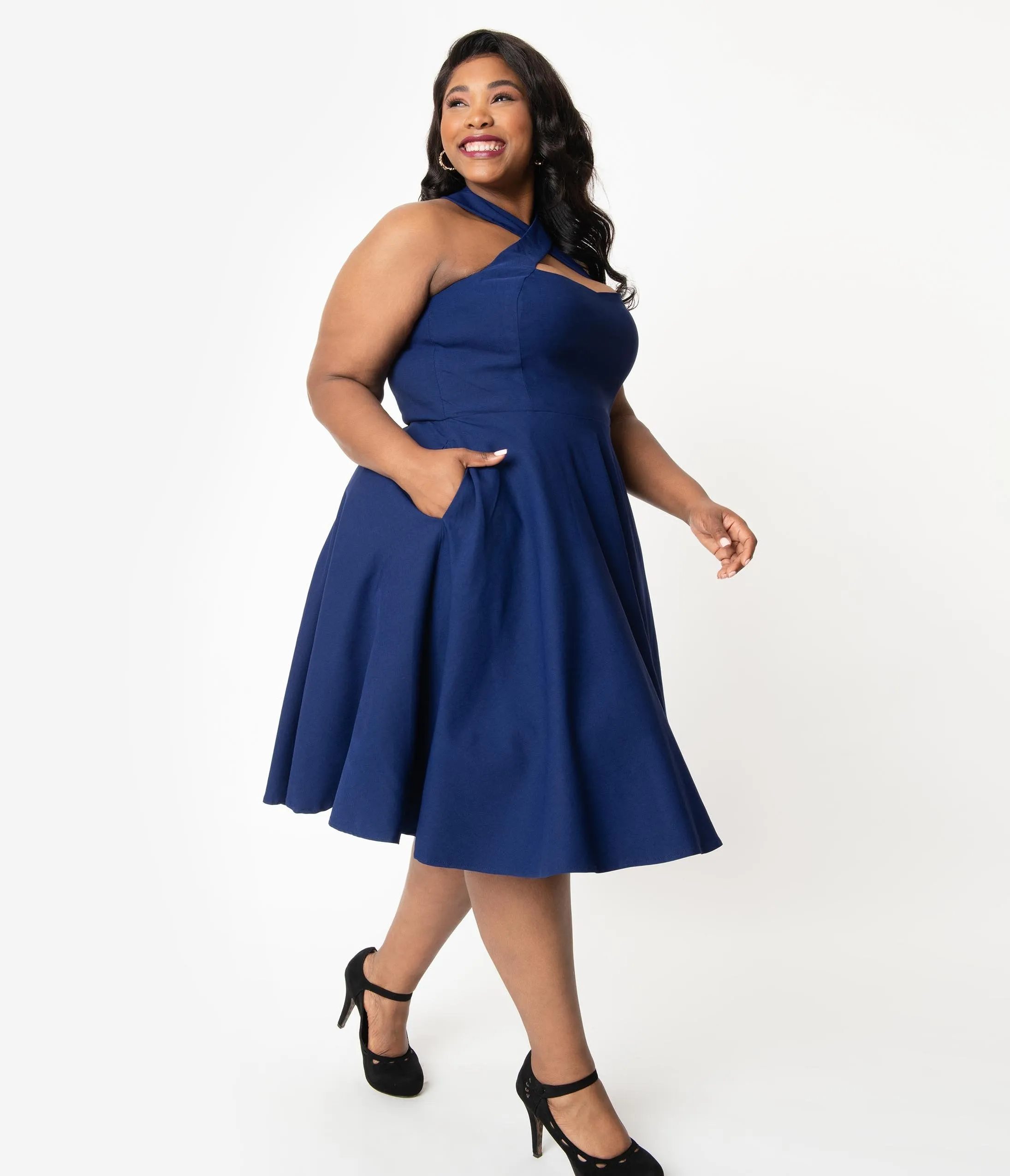 Unique Vintage Plus Size 1950s Navy Blue Halter Rita Flare Dress