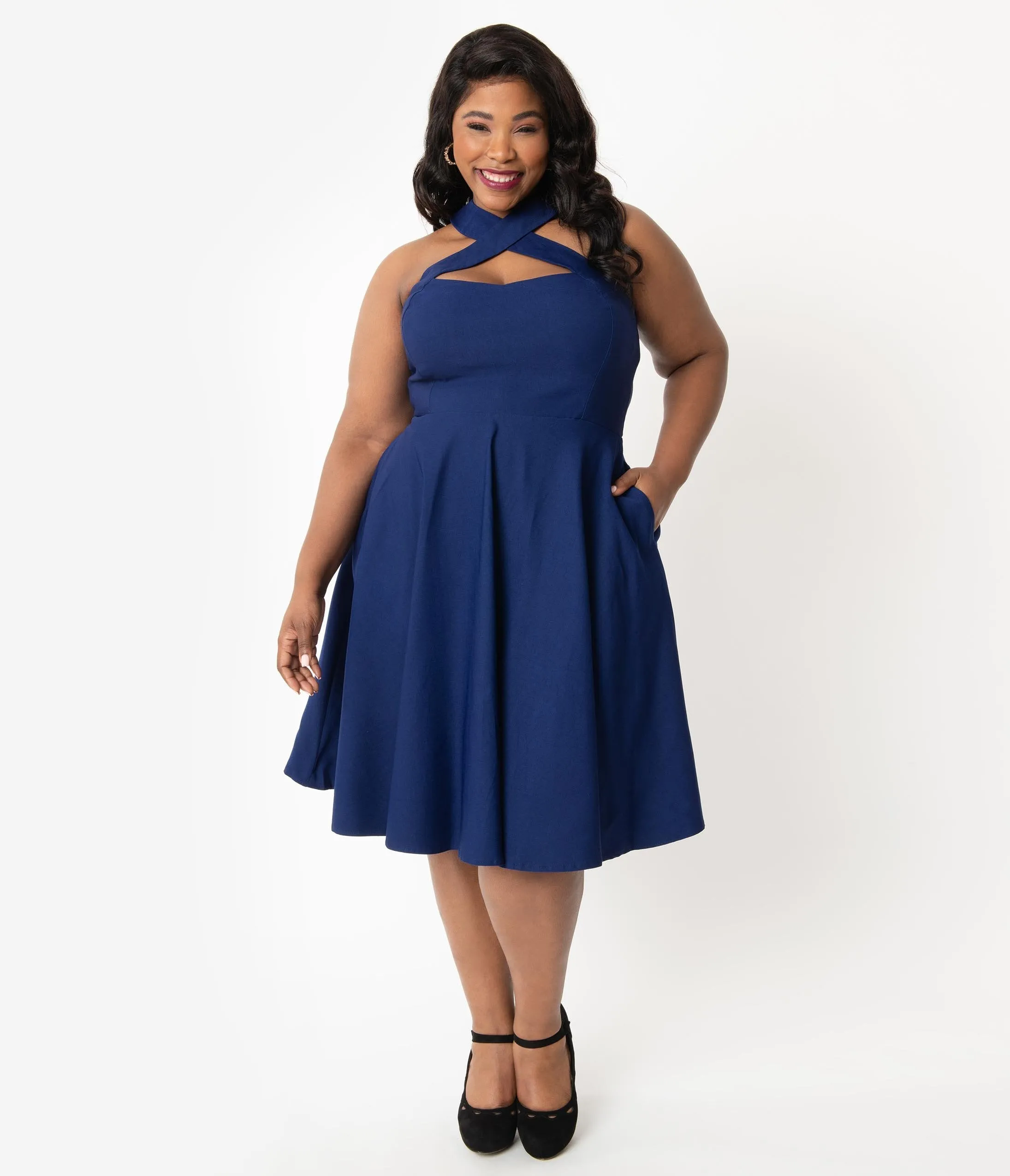 Unique Vintage Plus Size 1950s Navy Blue Halter Rita Flare Dress