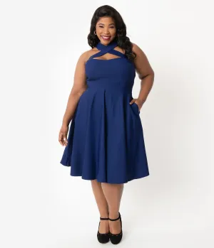 Unique Vintage Plus Size 1950s Navy Blue Halter Rita Flare Dress