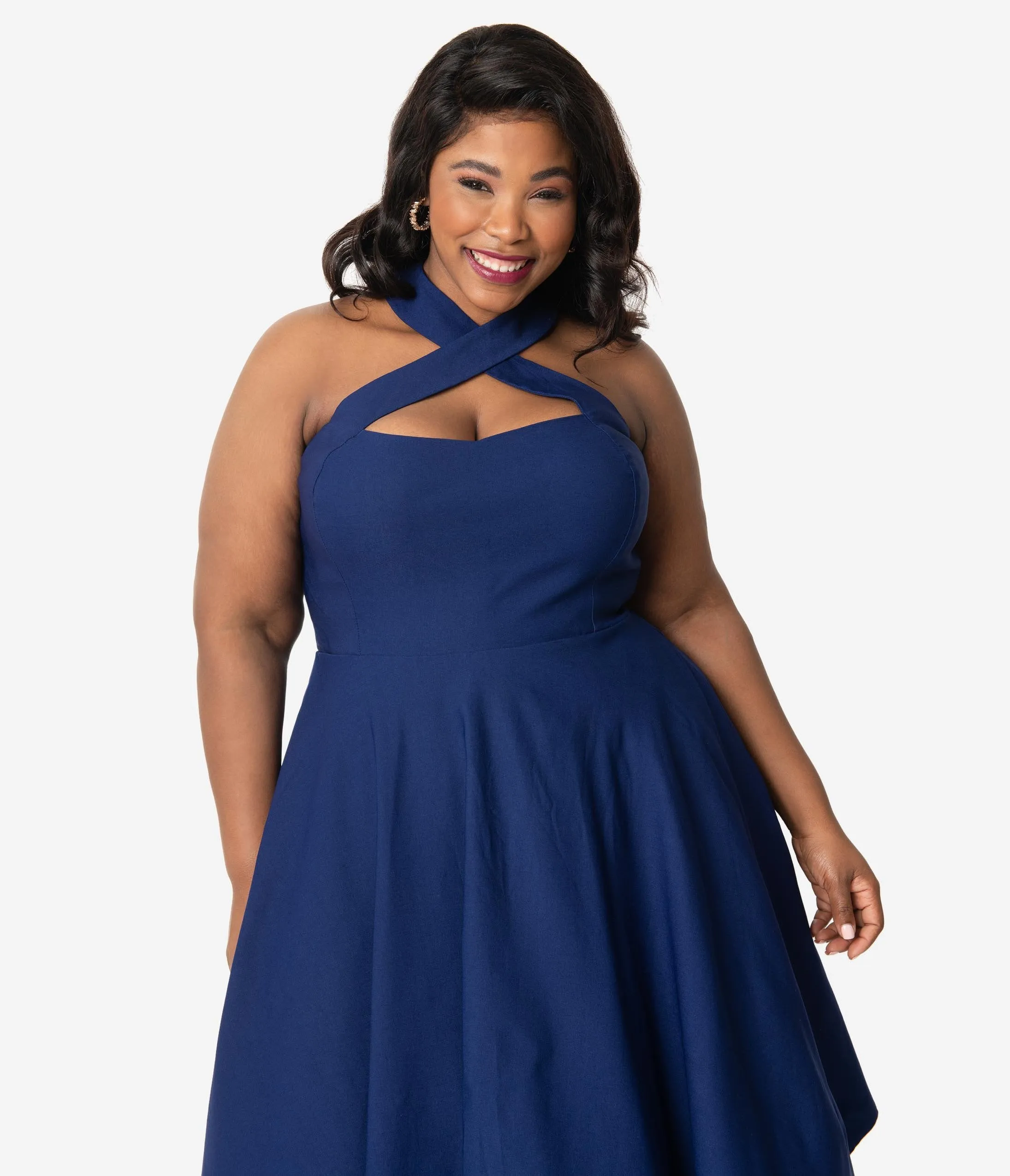 Unique Vintage Plus Size 1950s Navy Blue Halter Rita Flare Dress