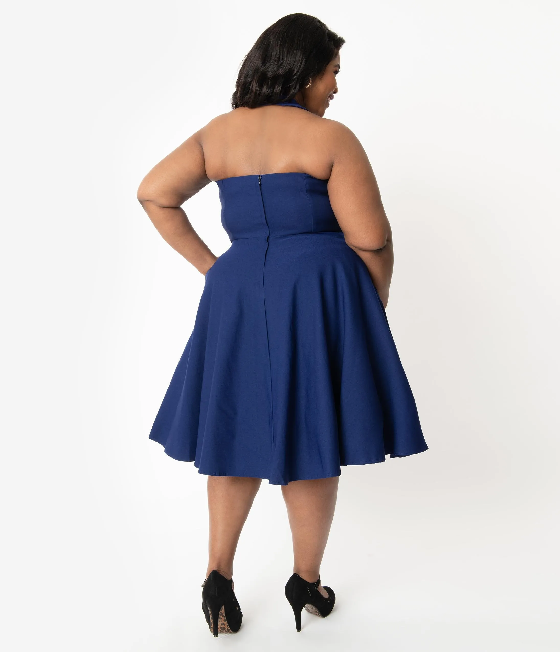 Unique Vintage Plus Size 1950s Navy Blue Halter Rita Flare Dress