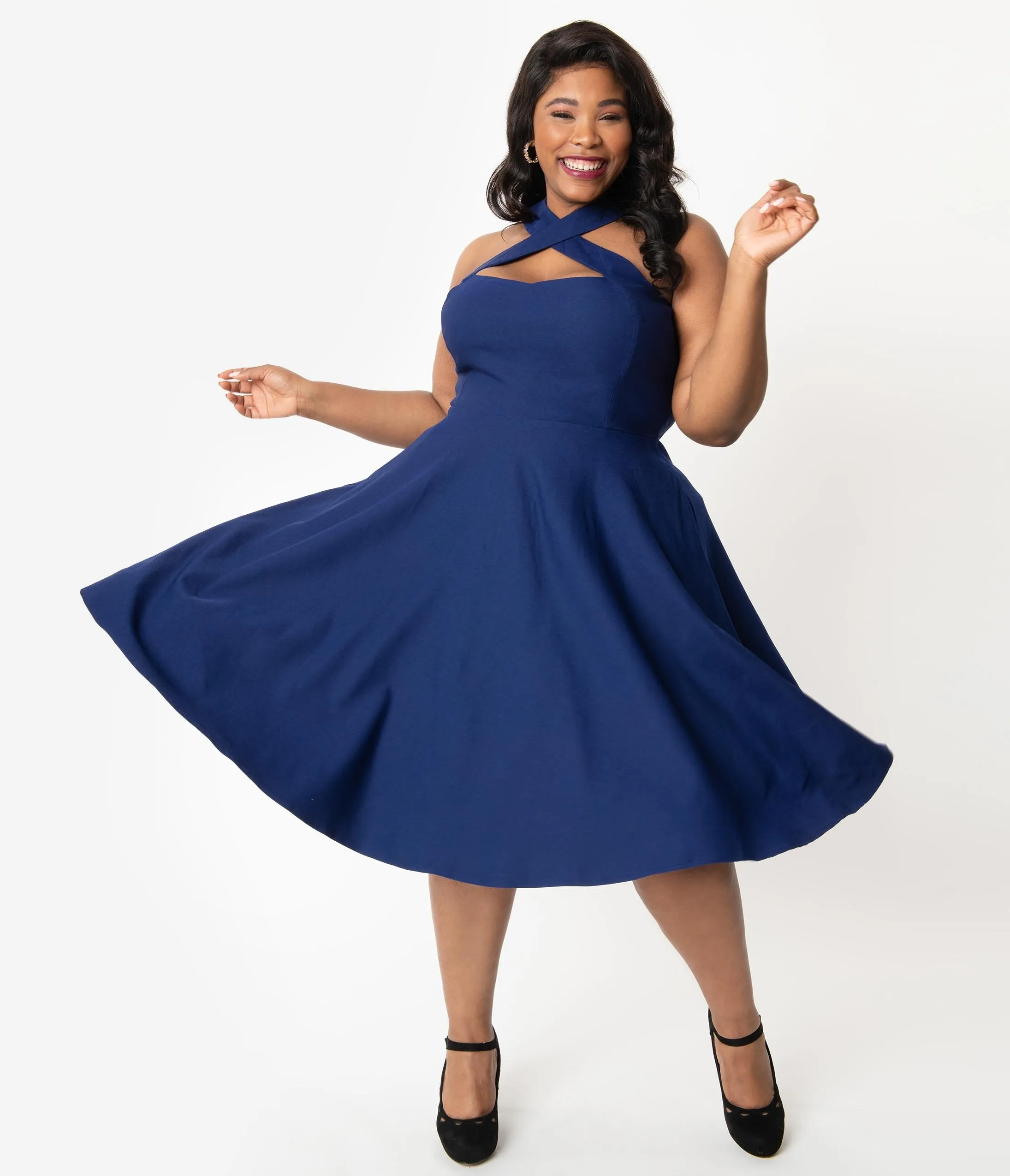 Unique Vintage Plus Size 1950s Navy Blue Halter Rita Flare Dress