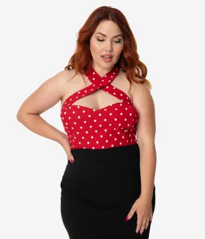 Unique Vintage Plus Size Red & White Dotted Stretch Rita Cross Halter Top