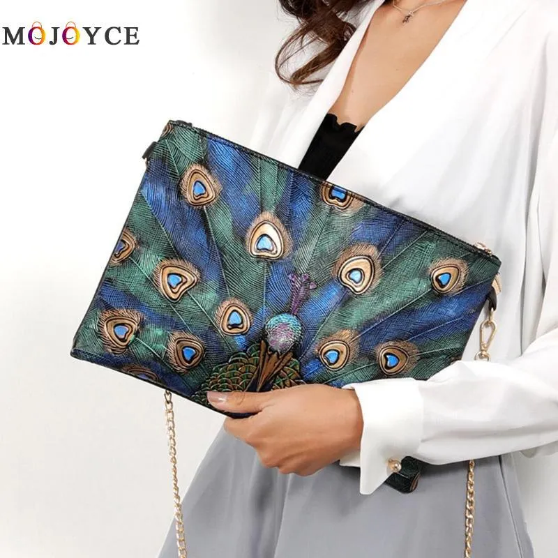 Vintage Women Peacock Printed Party Clutch Handbag Retro PU Leather Crossbody Bags Ladies Zipper Chain Shoulder Bag